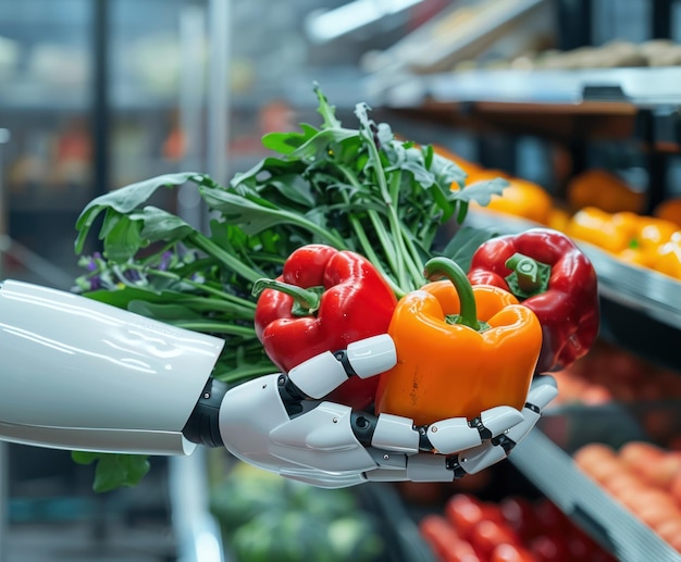 Brazo robótico seleccionando productos frescos en el supermercado Un brazo robótico equipado con un coche de tecnología avanzada
