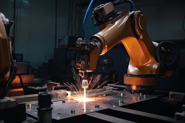 Brazo robótico soldando piezas de placa de metal creadas con IA generativa