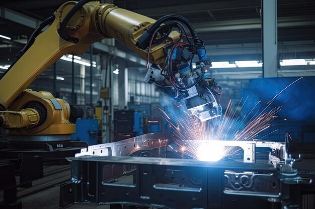 Brazo robótico soldando placa de metal en automoción en fábrica