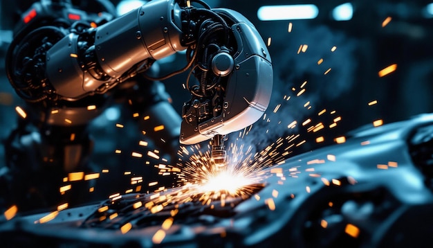 El brazo robótico suelda con precisión el metal con chispas en una escena industrial