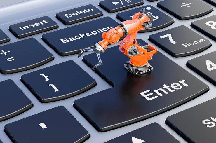 Foto brazo robótico en el teclado de la computadora portátil renderización 3d