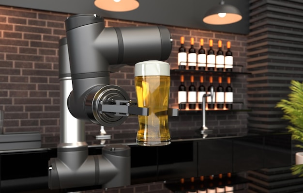 Un brazo robótico vierte y sirve cerveza en la barra del bar Los robots están sirviendo cerveza
