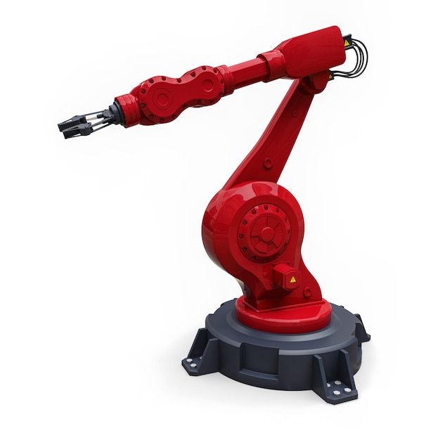 Brazo rojo robótico para cualquier trabajo en una fábrica o producción. Equipos mecatrónicos para tareas complejas.