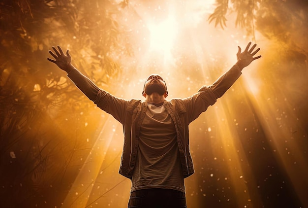 Foto brazos del hombre levantados hacia el sol en estilo dorado claro y ámbar