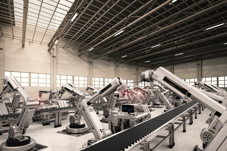 Foto brazos de robot de renderizado 3d con línea transportadora