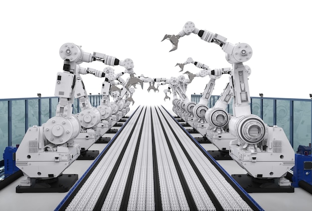 Brazos de robot de renderizado 3D con línea transportadora