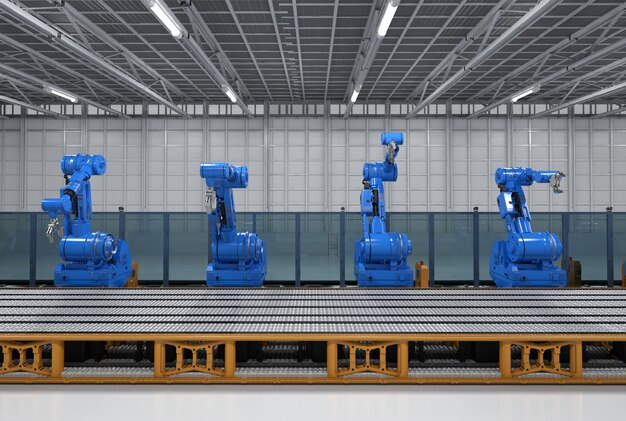 Brazos de robot de renderizado 3D con línea transportadora