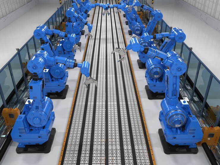Foto brazos de robot de renderizado 3d con línea transportadora