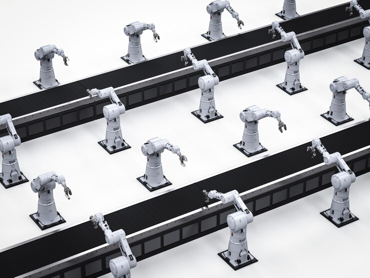 Foto brazos de robot de renderizado 3d con línea transportadora