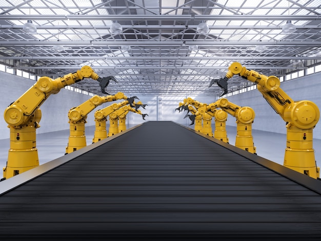 Brazos de robot de renderizado 3D con línea transportadora