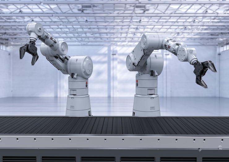 Foto brazos de robot de renderizado 3d con línea transportadora