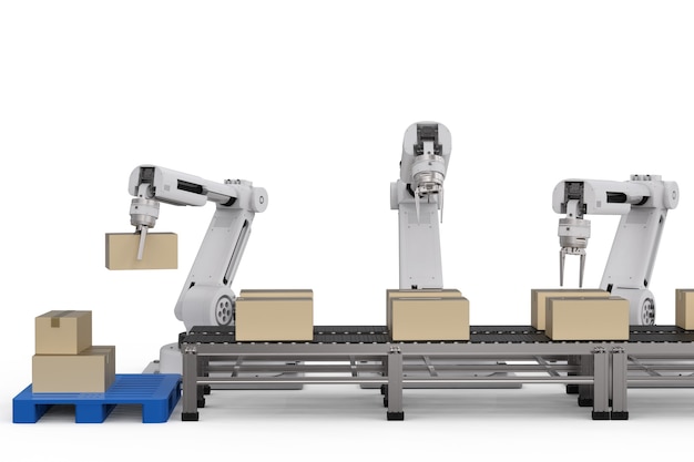 Brazos de robot de renderizado 3D trabajando con cajas de cartón