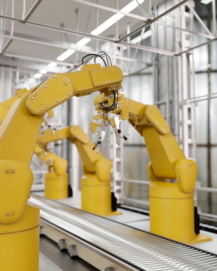 Foto brazos robóticos amarillos en una línea de producción sobre una cinta transportadora en una fábrica fabricación automatizada