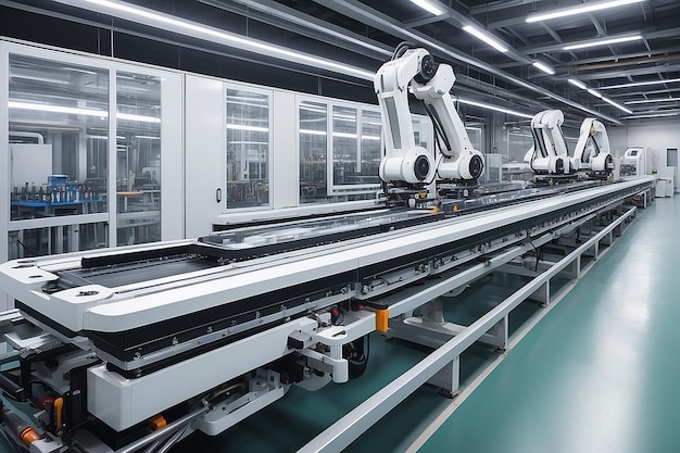 Foto los brazos robóticos blancos en la línea de producción automatizada de componentes de baterías de vehículos eléctricos