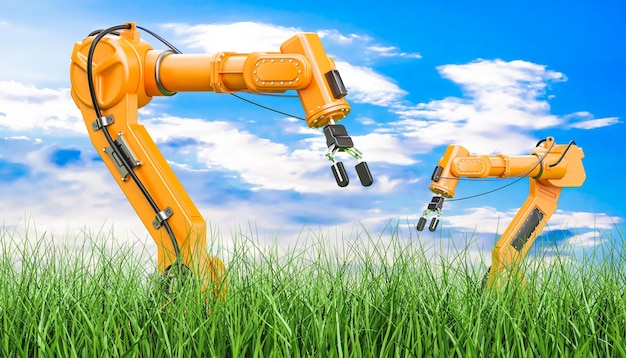 Brazos robóticos en hierba verde contra el cielo azul renderización 3D