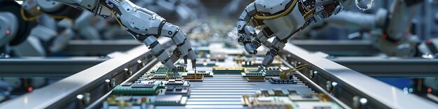 brazos robóticos de IA que ensamblan circuitos complejos en un transportador