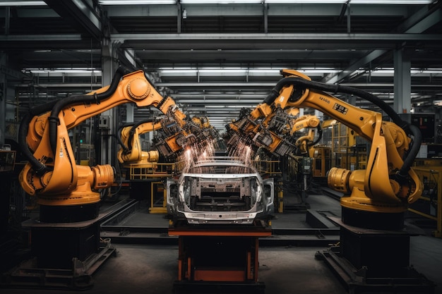 Brazos robóticos de la industria inteligente para la línea de producción de la fábrica digital Concepto de inteligencia artificial para la revolución industrial Brazos robóticos que fabrican automóviles en una fábrica de automóviles Generación de IA