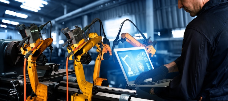 Foto brazos robóticos industriales inteligentes para la tecnología de producción de fábricas digitales