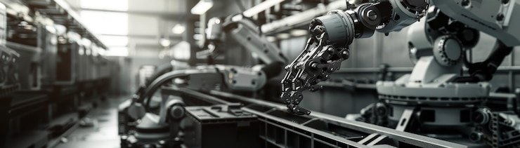 Foto los brazos robóticos industriales en una moderna línea de ensamblaje de fábrica fabricación de alta tecnología con automatización avanzada