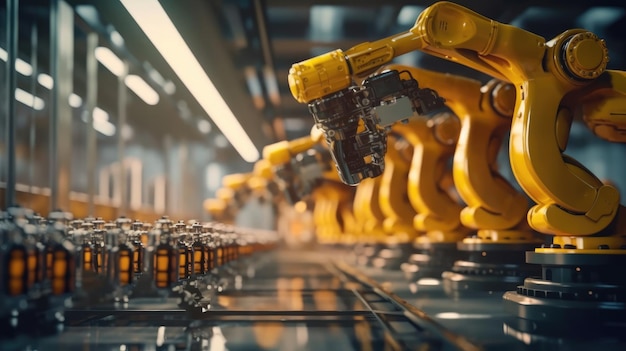 Los brazos robóticos trabajando en la fábrica futurista