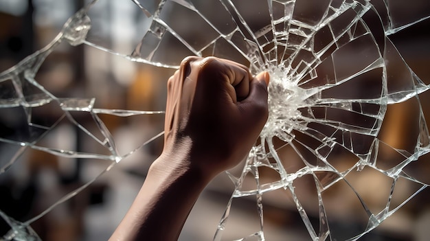 Breaking Barriers Ein Bild einer Hand, die durch ein Glas bricht, das die Ermächtigung und den Fortschritt von Frauen und Minderheiten am Arbeitsplatz symbolisiert Generative Ai