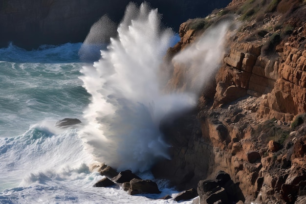 Brechende Welle krachte mit Gischt gegen die Felswand