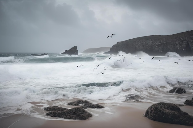 Brechende Welle stürzt auf einsamen Strand, Möwen fliegen in der Luft