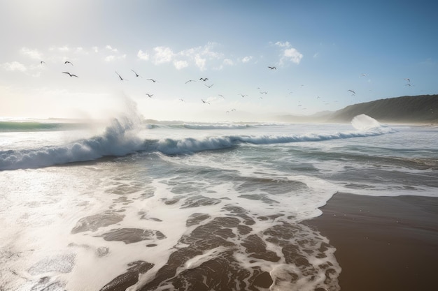 Brechende Welle stürzt auf einsamen Strand, Möwen fliegen in der Luft