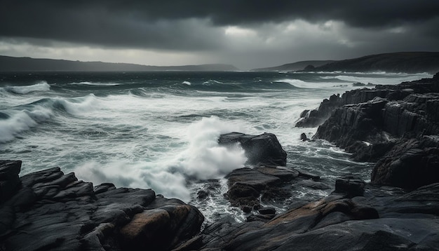 Brechende Wellen schlagen in der Abenddämmerung unter dramatischem Himmel gegen felsige Küste, erzeugt durch künstliche Intelligenz