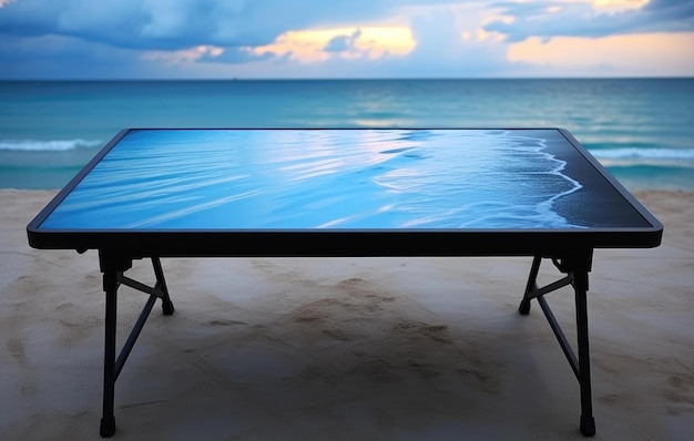 Breezy Beach Table Ein von einer tropischen Landschaft inspiriertes Design in Hellschwarz und Azurblau