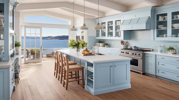 Foto breezy cocina costera con impresionantes vistas al mar elegancia frente a la playa