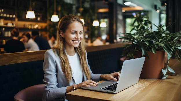 breit lächelnde Geschäftsfrau, die an einem Laptop arbeitet