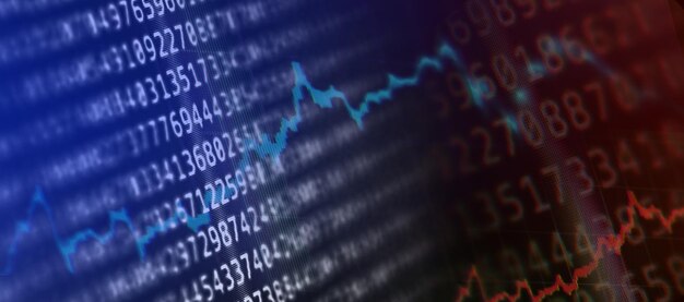 Breitbild-Abstraktes Finanzdiagramm mit Aufwärtstrendlinie und Balkendiagramm der Börse