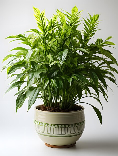 Breite Fotografie der Dracaena-Pflanze in einem Topf mit massiv weißem Hintergrund