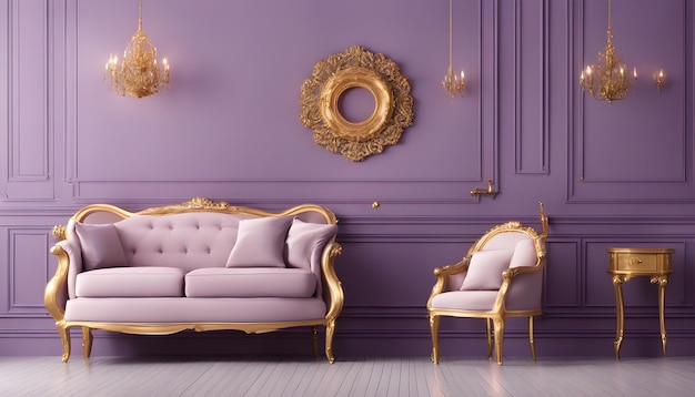 Breite Sessel Schublade und goldene Dekorationen auf einem lila
