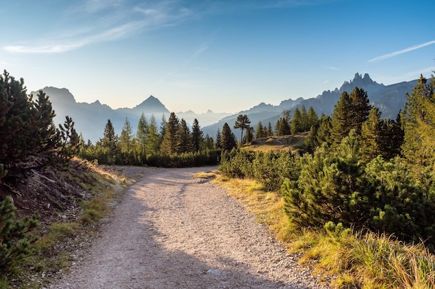 Breite Spur in den Dolomiten Wanderung Wanderweg in der Dolomitenlandschaft Die Tofane-Gruppe in den Dolomiten Italien Europa