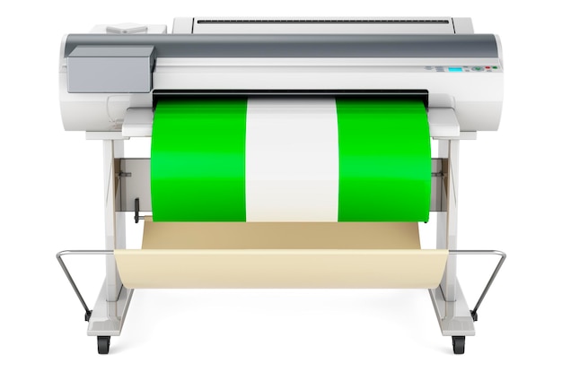 Breitformat-Drucker-Plotter mit 3D-Rendering der nigerianischen Flagge, isoliert auf weißem Hintergrund