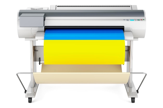 Breitformat-Drucker-Plotter mit 3D-Rendering der ukrainischen Flagge, isoliert auf weißem Hintergrund