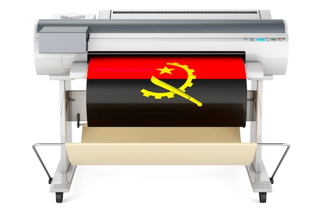 Foto breitformat-druckerplotter mit 3d-rendering der angolanischen flagge
