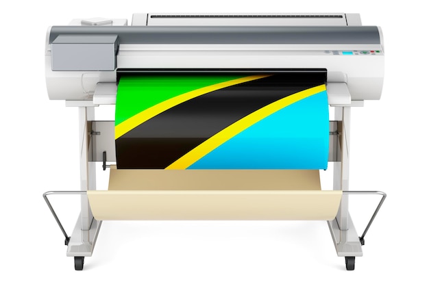 Breitformat-Druckerplotter mit 3D-Rendering der tanzanischen Flagge auf weißem Hintergrund