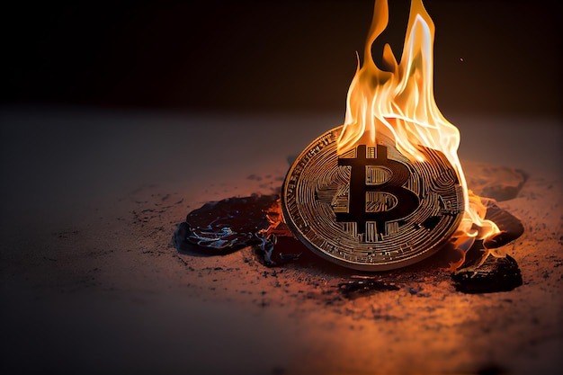 Brennen im Feuer goldenes Bitcoin auf schwarzem Hintergrund