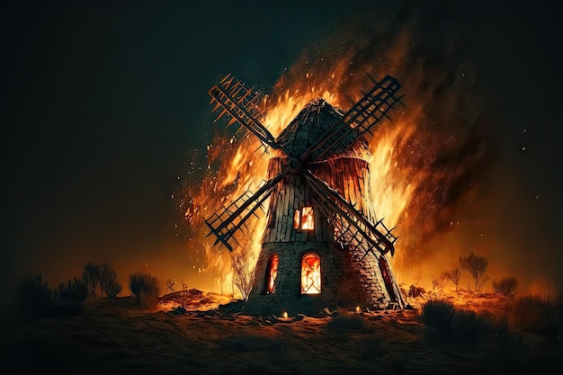 Brennende alte Windmühle in Flammen in der Nacht, erstellt mit generativer KI