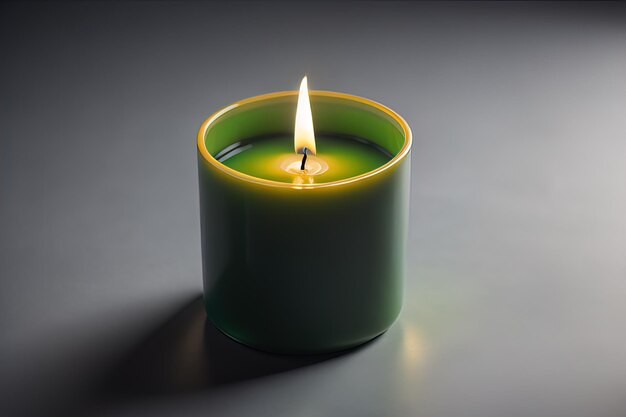Brennende Aroma-Kerze auf einem hölzernen Tisch vor einem farbigen Hintergrund