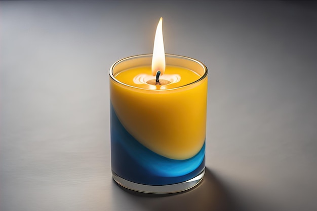 Brennende Aromakerze auf Holztisch vor einfarbigem Hintergrund, copyspace ai generativ