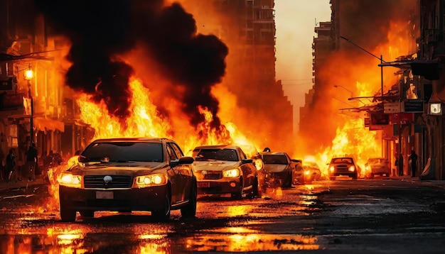 Brennende Autos Chaos auf der Stadtstraße Fahrzeuge in Flammen Nachtszene