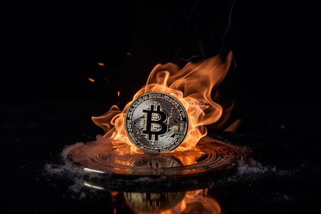 Brennende Bitcoin-Münze in einem Feuer mit Rauch