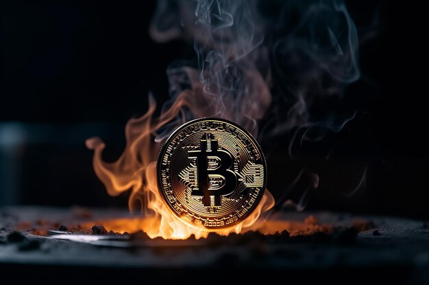 Brennende Bitcoin-Münze in einem Feuer mit Rauch