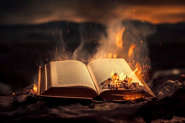 Foto brennende bücher in flammen im freien. menschen lesen nicht gerne, intellektuelle probleme erzeugen ki