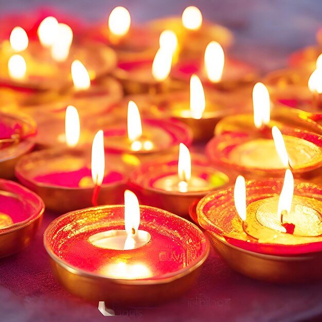 Brennende Diya-Lampen für das Diwali-Festival erzeugen einen selektiven Fokus