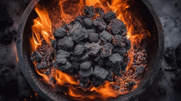 Brennende Holzkohle von oben nach unten